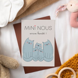 Carte annonce grossesse, mini nous, famille chat, faire-part, bébé, trois enfants
