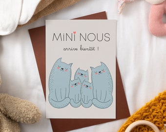Carte annonce grossesse, mini nous, famille chat, faire-part, bébé, trois enfants