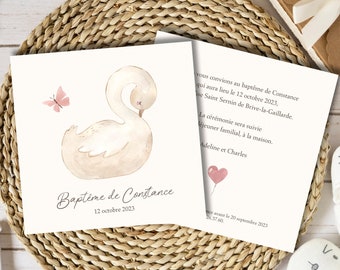 Faire-part baptême cygne, invitation cérémonie, naissance bébé, animaux, anniversaire