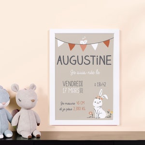 Personalized rabbit birth poster, bedroom decoration, baby gift, animals, frame