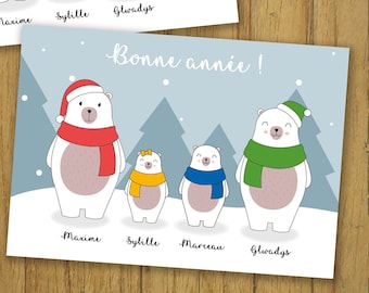 Customizable greeting card, Happy New Year, bear family, snow, children
