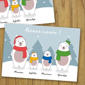 Carte vœux personnalisable, bonne année, famille ours, neige, enfants