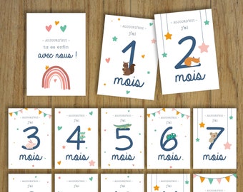 Cartes étapes pastels, mois par mois, cadeau naissance, bébé, animaux