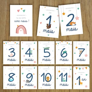 Pastelkleurige mijlpaalkaarten, maand voor maand, geboortecadeau, baby, dieren
