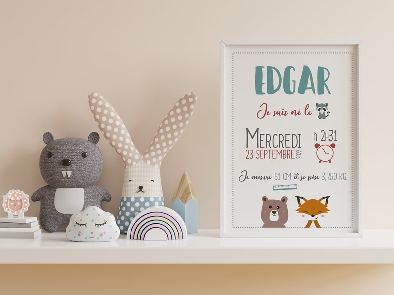 Cartaz de nascimento personalizado, decoração de quarto, presente de nascimento, bebê, moldura Avec cadre blanc