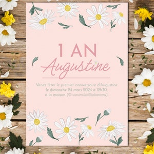 Invitation anniversaire pâquerettes, Faire-part printanier, carte champêtre, fleurs, pastel, invitation papier ou numérique
