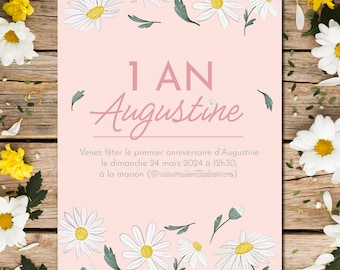 Invitation anniversaire pâquerettes, Faire-part printanier, carte champêtre, fleurs, pastel, invitation papier ou numérique