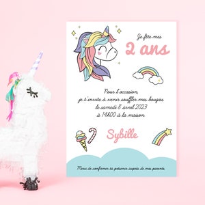 Invitation anniversaire licorne, carte personnalisée, arc en ciel, nuages, enfant, cupcake