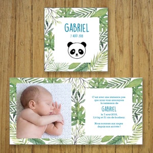 Faire-part naissance panda, papeterie personnalisable, tropical chic, bébé, grossesse