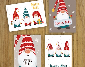 Lot 4 cartes de Noël, carte de voeux, Joyeux Noel, joyeuses fêtes, illustration, lutins