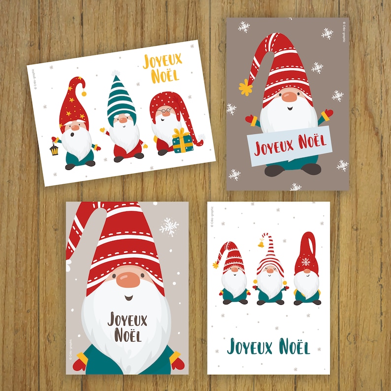 Lot 4 cartes de Noël, carte de voeux, Joyeux Noel, joyeuses fêtes, illustration, lutins image 1