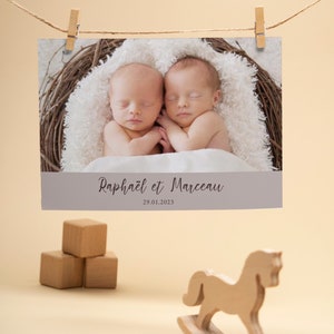Faire-part naissance jumeaux, annonce personnalisable, pastel chic, bébé, pictogramme