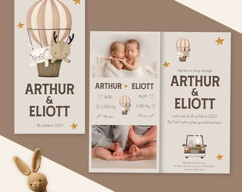 Twin birth announcement, hot air balloon, baby, announcement