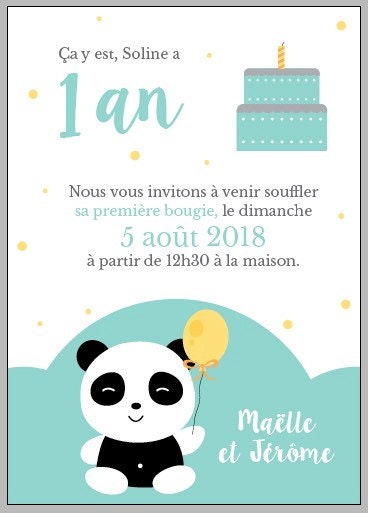 Carte invitation anniversaire, panda turquoise, premier anniversaire