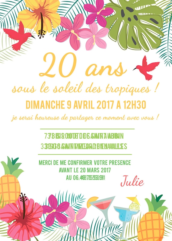 Invitation anniversaire tropical, carte papeterie, flamant rose, exotique,  jungle, invitation papier ou numérique -  France