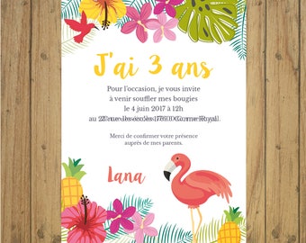 Invitation anniversaire tropical, carte papeterie, flamant rose, exotique, jungle, invitation papier ou numérique