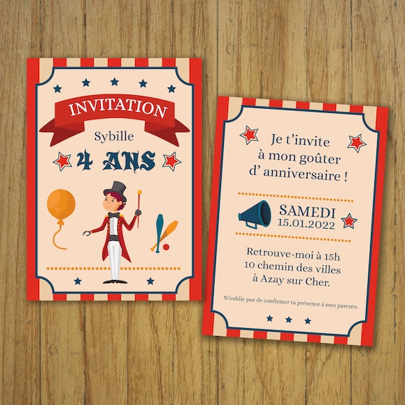 Carte invitation anniversaire, carton d'invitation, cirque fête