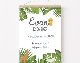 Affiche naissance jungle, décoration chambre, cadeau personnalisé, animaux, bébé