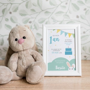 Carte invitation anniversaire, premier anniversaire, lapin doudou, papeterie personnalisée, fête, pastel