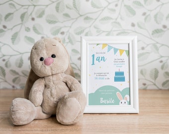 Carte invitation anniversaire, premier anniversaire, lapin doudou, papeterie personnalisée, fête, pastel