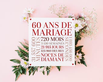 Biglietto d'auguri, anniversario di matrimonio, 60 anni, nozze di diamanti, invito
