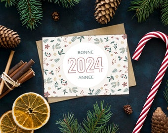 Carte de vœux, bonne année, motif végétal, 2024