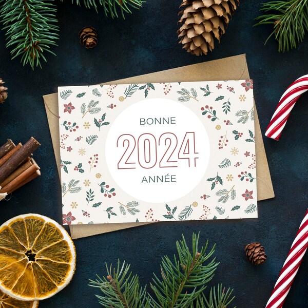 Carte de vœux, bonne année, motif végétal, 2024