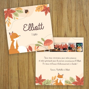 Invitation anniversaire renard, faire-part baptême, invitation carte, automne, nature