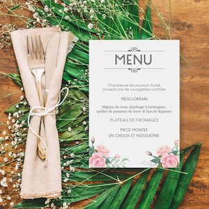 Menu mariage champêtre, déco table, nature chic, fleurs, pastel