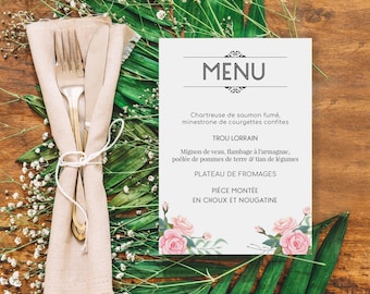 Country wedding menu, table decoration, chic nature, flowers, pastel