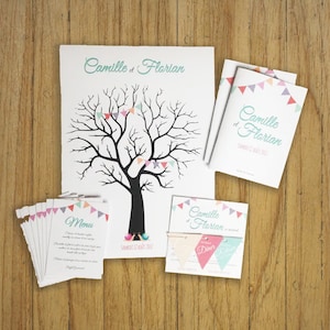 Carte menus de mariage, guinguette fanions, papeterie faire-part, champêtre, vintage