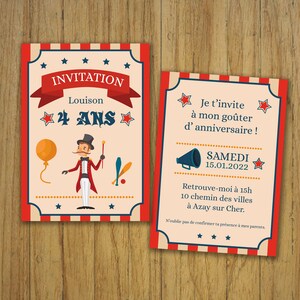 Carte invitation anniversaire, carton d'invitation, cirque fête, faire-part, rouge
