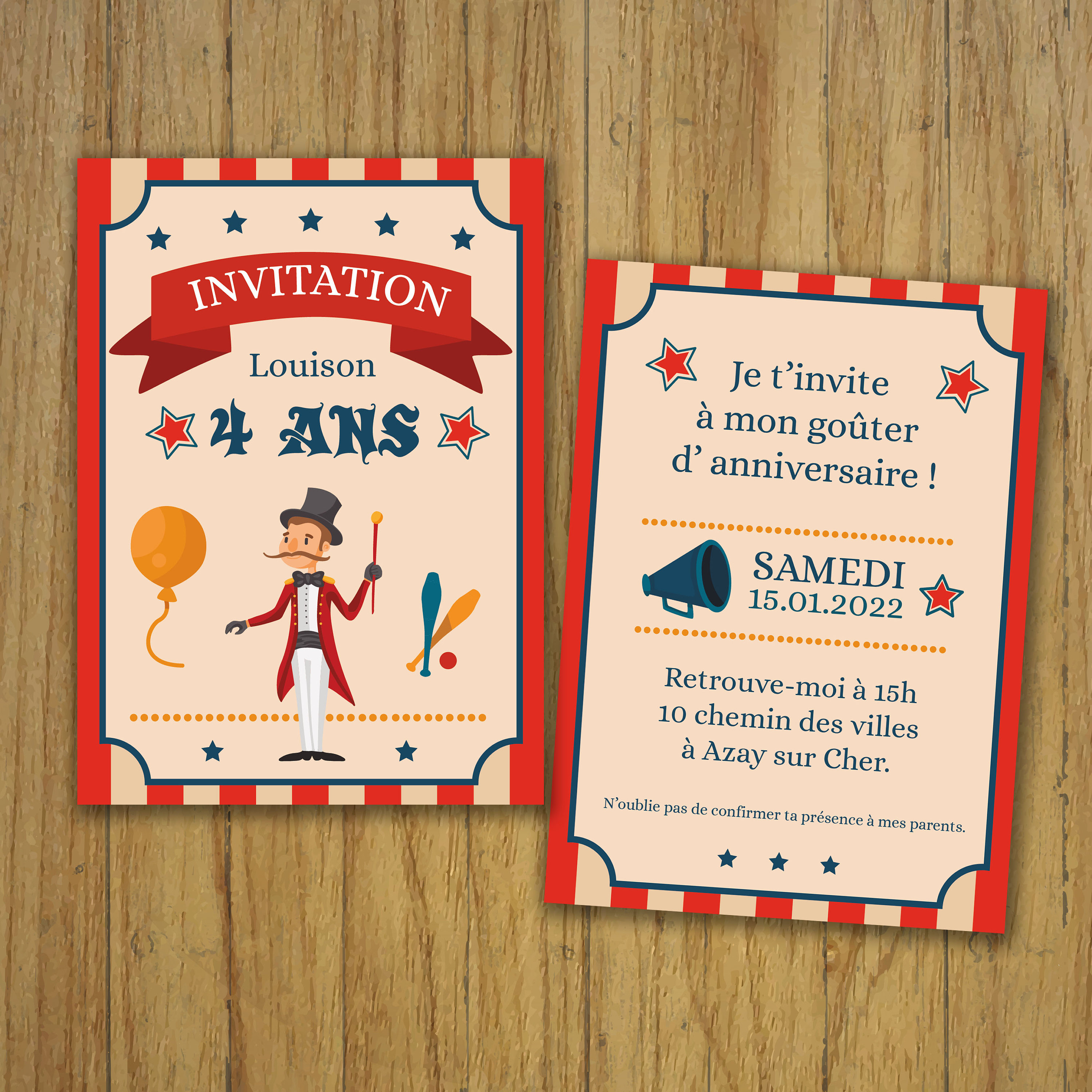 Carte invitation anniversaire, carton d'invitation, cirque fête,  faire-part, rouge -  France