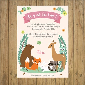 Animal birthday invitation, baptism announcement, invitation card, Fox, nature