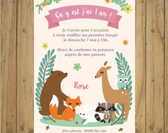 Animal birthday invitation, baptism announcement, invitation card, Fox, nature