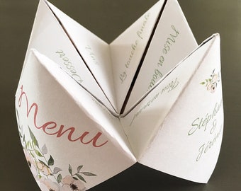 Menu mariage cocotte, origami pliage, papeterie champêtre, déco, pastel