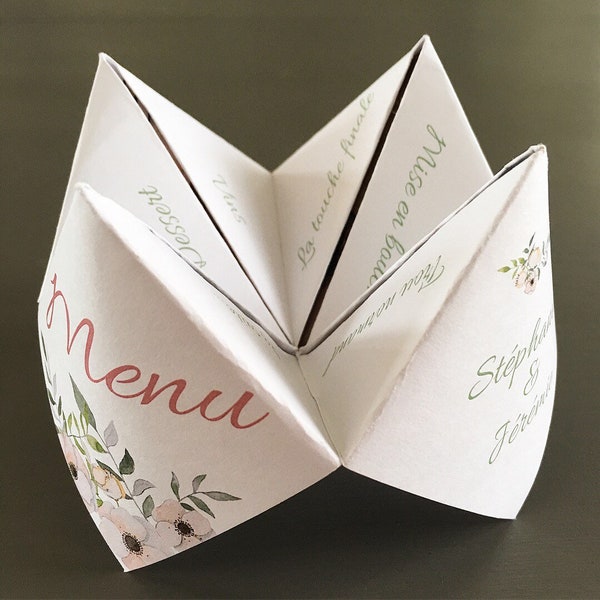 Menu mariage cocotte, origami pliage, papeterie champêtre, déco, pastel