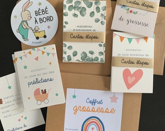Coffret grossesse – Cartes étapes mois par mois + autocollant “Bébé à bord” – Cadeau future maman