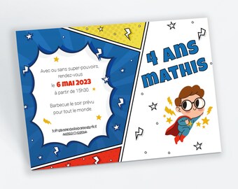 Convite de aniversário de super-herói, cartão de quadrinhos, convite em papel ou digital