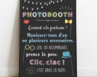 Mode d'emploi photobooth, decoration mariage, animation jeu, affiche, photo