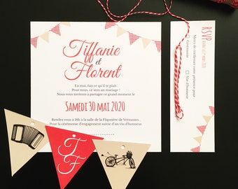 Faire-part guinguette rétro, papeterie mariage, fanions vichy, vintage, invitation