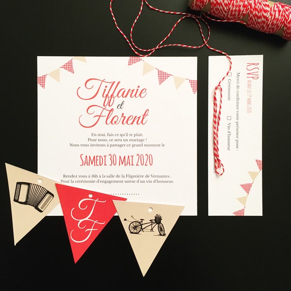 Faire-part guinguette rétro, papeterie mariage, fanions vichy, vintage, invitation