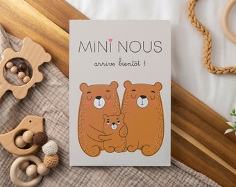 Carte annonce grossesse, mini nous, famille ours, faire-part, bébé, un enfant