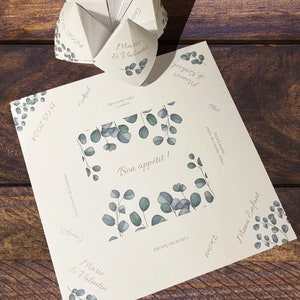 Menú cazuela de papel, origami plegable, eucalipto campestre, decoración, menú infantil