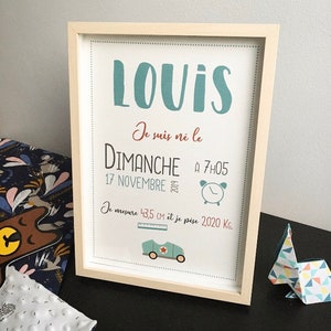 Cartaz de nascimento personalizado, decoração de quarto, presente de nascimento, bebê, moldura Avec cadre bois