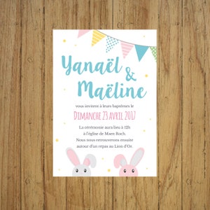Make-part baptism rabbits, stationery invitation, garland pennants, announcement, pastel