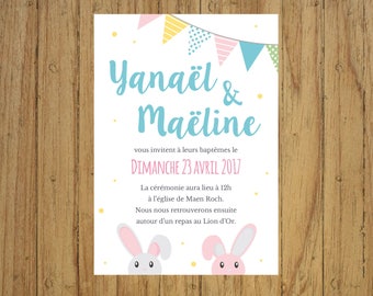 Make-part baptism rabbits, stationery invitation, garland pennants, announcement, pastel