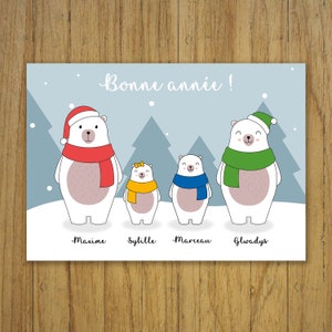 Customizable greeting card, Happy New Year, bear family, snow, children image 2