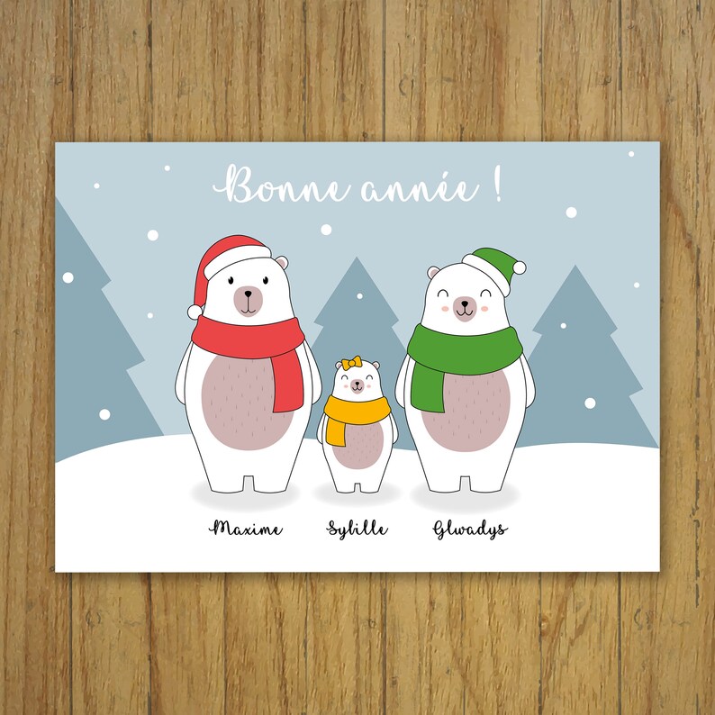 Customizable greeting card, Happy New Year, bear family, snow, children image 3