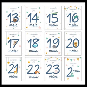 Schede passo pastello, secondo anno, mese per mese, regalo nascita, bambino, animali